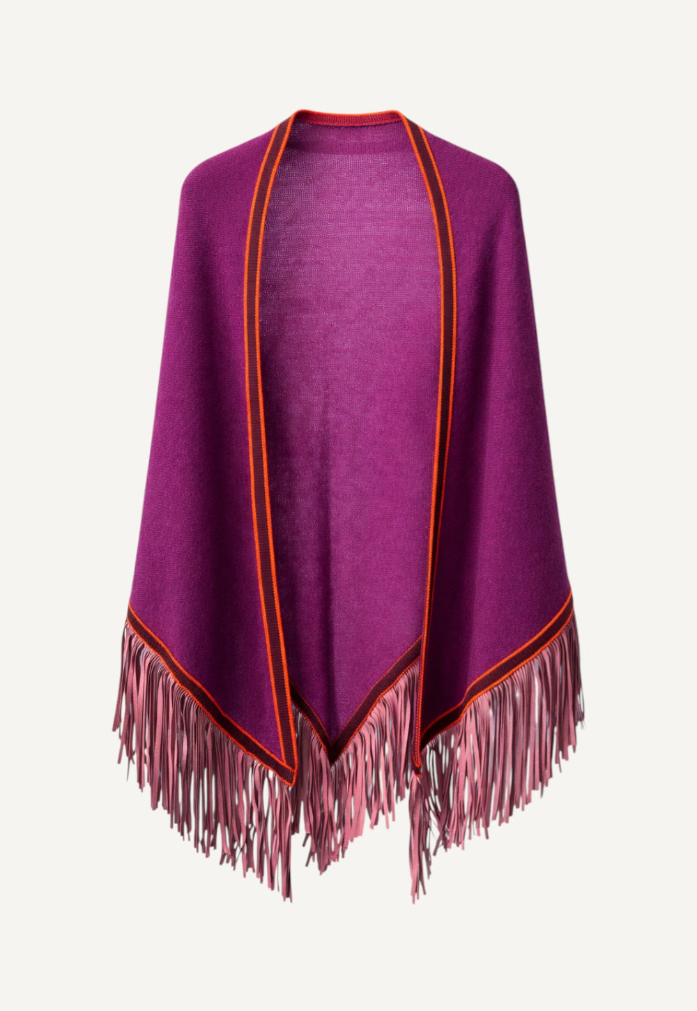 Antonia Zander Triangolo Camoscio Tulip No. 665, cashmere triangle scarf with contrasting border and goat nappa leather fringes.