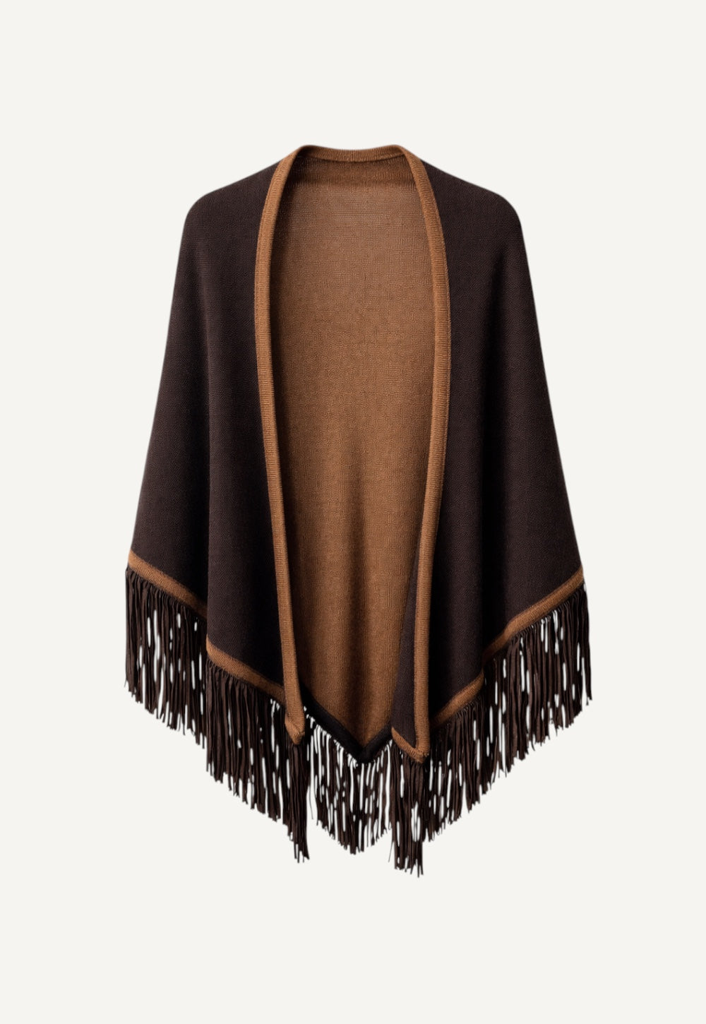 Double-layer cashmere triangle scarf in blackwood with suede fringes