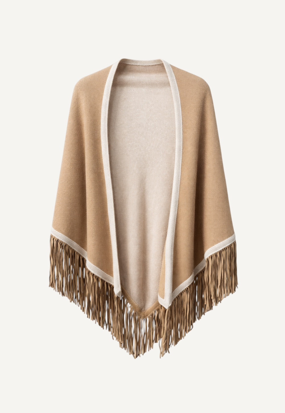 Double-layer cashmere triangle scarf in dune with suede fringes