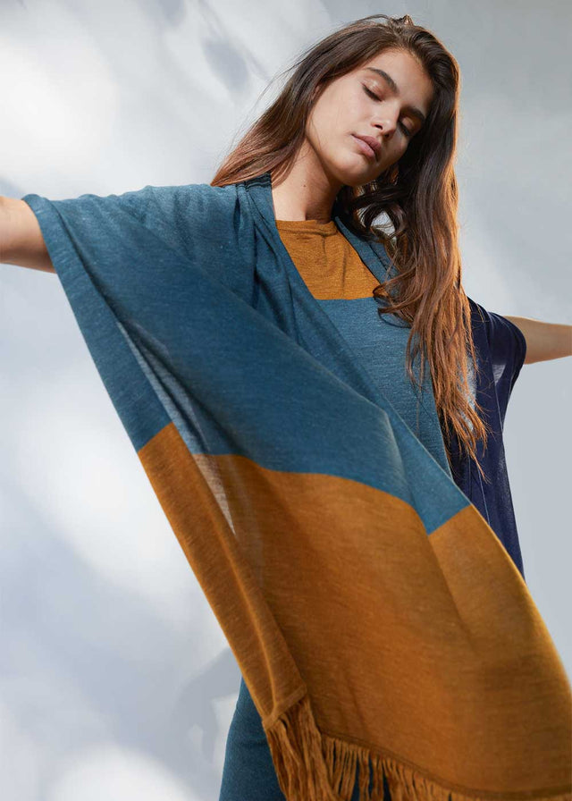 three coloured rectangular scarf with fringes. Made of an extremely luxurious and durable  cashmere-silk and hemp blend