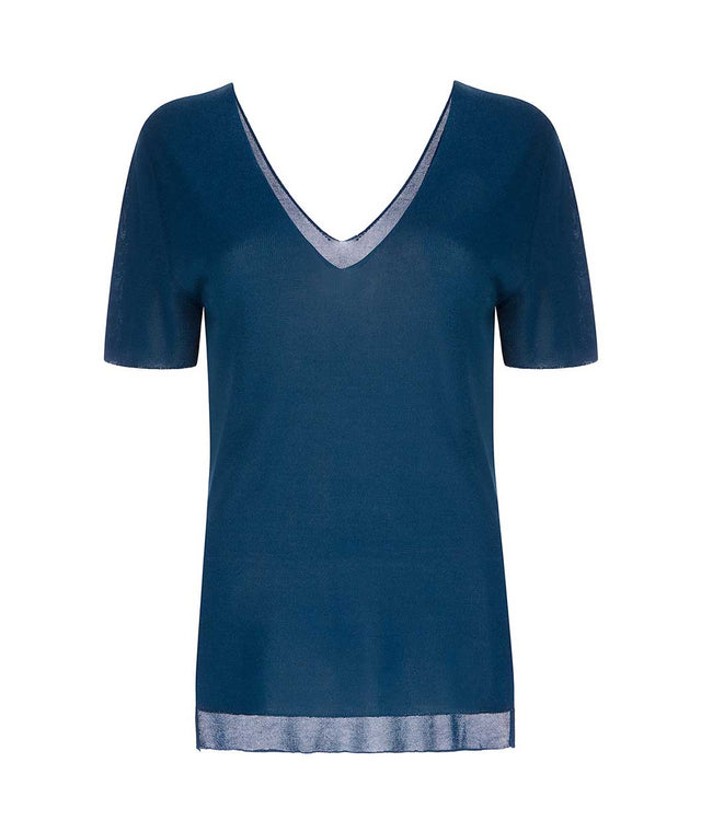 rayon and organic cotton blend. shirt with deep v-neck front and back. midi shirt sleeves