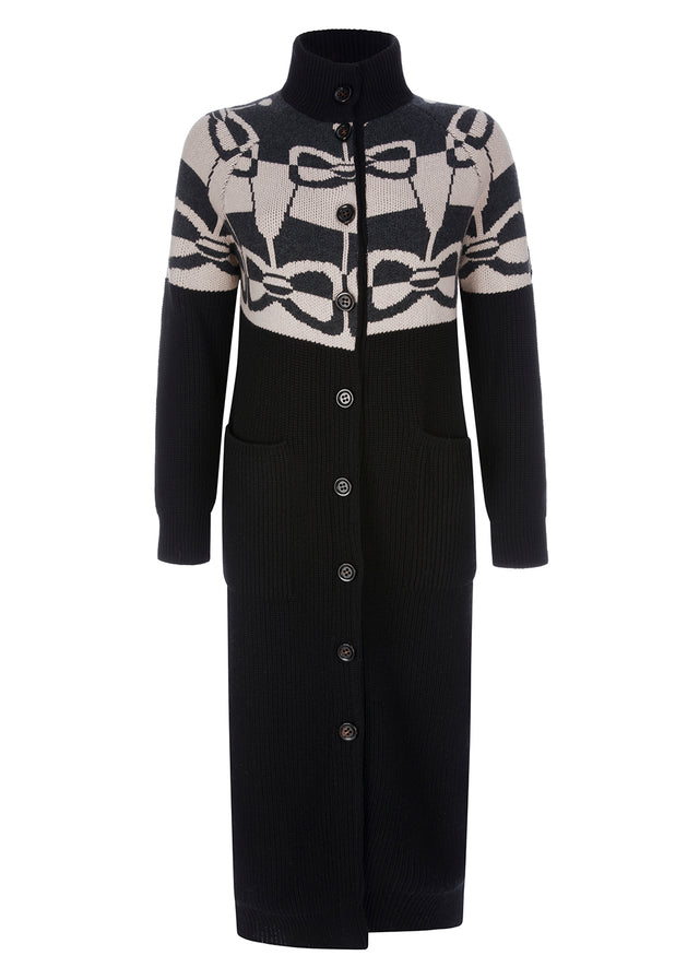 midi length cashmere cardigan with elaborate inlay in contrasting colours. luxury made in italy