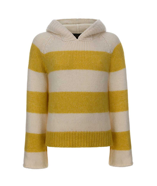 ecru/yellow striped hooded sweater with slight trumpet sleeves 