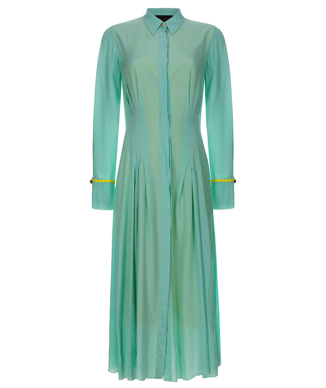 viscose shirt dress with pleated details from waist up and down. buttoned through