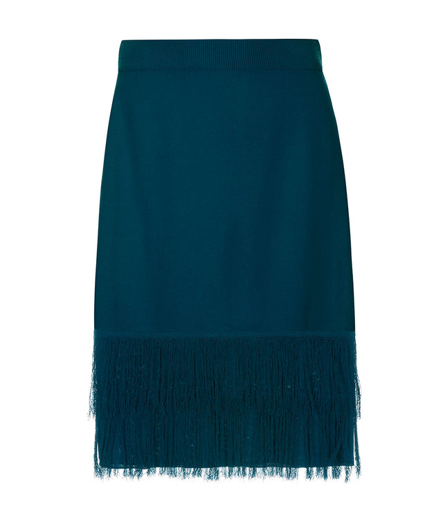 knee long knit skirt made in italy. fringe details on lower hem