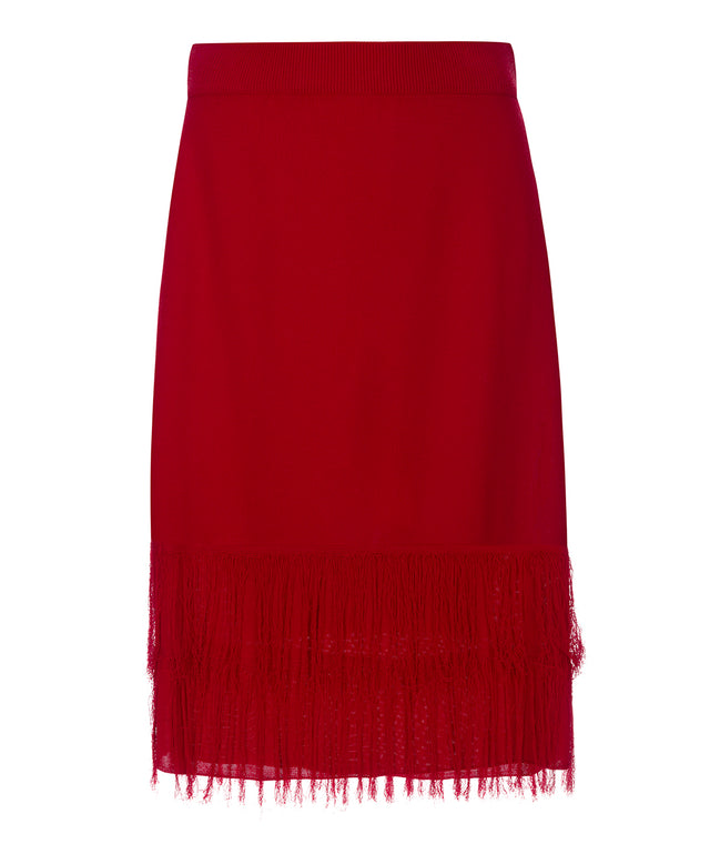 straight cut knit skirt with elastic waistband and fringe details on lower hem 