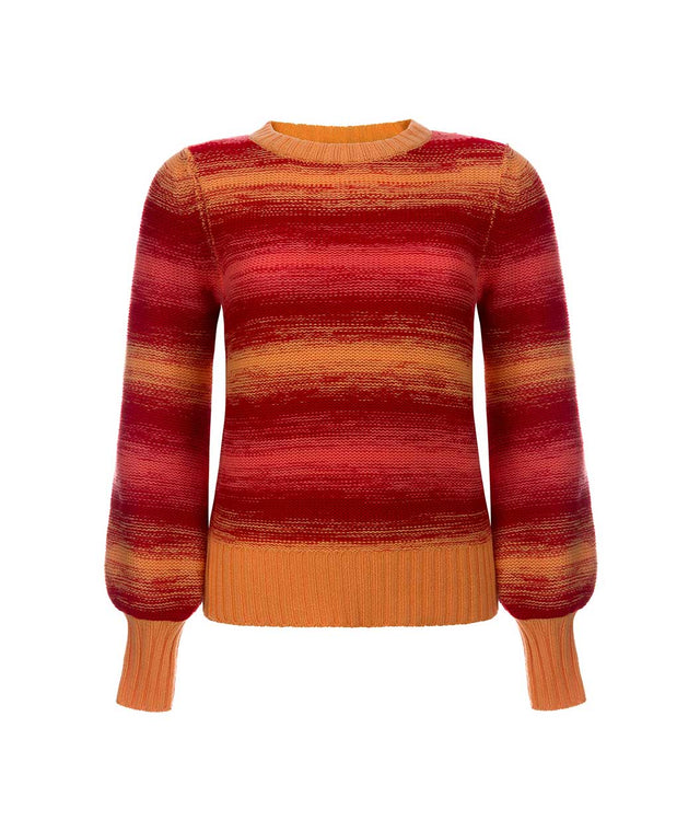 limited edtition multi-coloured cashmere sweater with uni-coloured cuffs. round neck and tulip sleeves