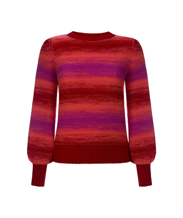 limited edition cashmere sweater with round neck, tulip sleeves, gauche style colouring and narrow cuffs