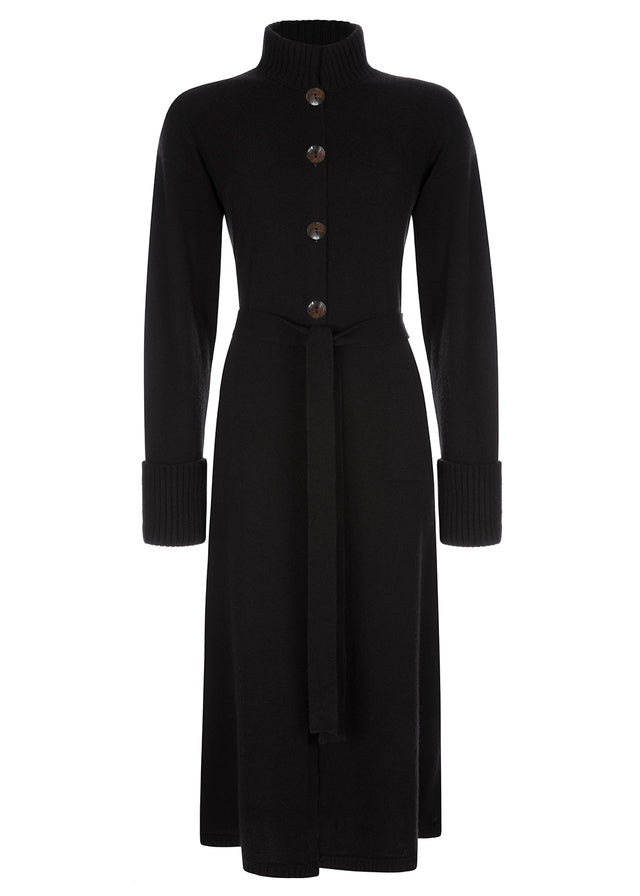 luxurious cashmere dress or coat with belt and horn buttons, shirt collar and overlong sleeves
