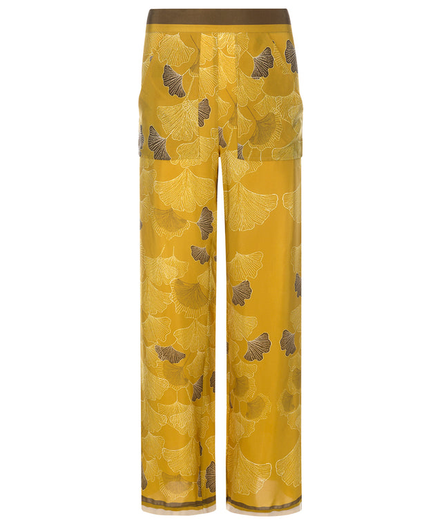 elegant Gingko print silk pants with wide legs and elastic waistband 