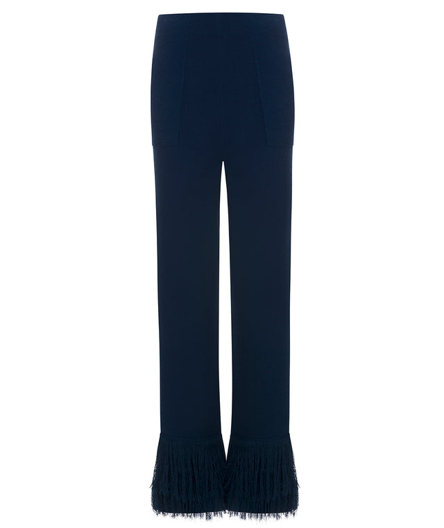 luxurious knit pants made of cotton-rayon-blend with fringe details at lower hem